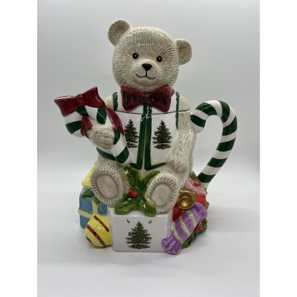 Vtg Spode Teapot Tea Pot Teddy Bear Hand‎ Painted Christmas Santa Tree Gifts
